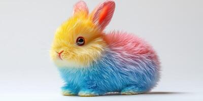 Colorful rabbit toy with vibrant fur showcasing pink, yellow, and blue shades in a clean background photo