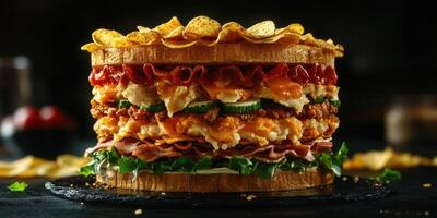 Giant layer sandwich with multiple meats, cheese, and chips served on a rustic plate photo