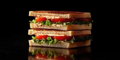 Deliciously stacked sandwich made with toasted bread, fresh vegetables, and creamy spread showcasing appetizing layers photo