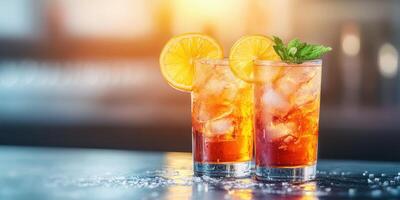 Refreshing iced tea served in tall glasses with slices of orange and mint leaves at sunset photo
