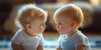 Twins interact with curious expressions while sitting indoors in soft afternoon light photo