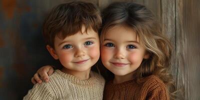 Siblings share a warm moment in cozy sweaters against a rustic backdrop photo