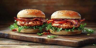 Juicy bacon burgers served with fresh greens on a wooden cutting board in a rustic setting photo