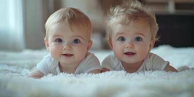 Two smiling babies playing on a soft blanket in a well-lit room during the morning photo