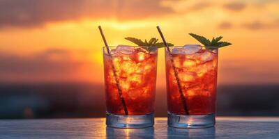 Refreshing cocktails served at sunset over a skyline with vibrant colors and ice garnished with mint leaves photo