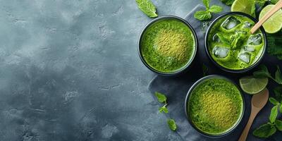 Refreshing green drinks with mint and lime on a textured background photo