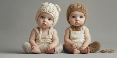 Cute babies dressed in handmade knit outfits sitting on the floor in a soft light setting photo