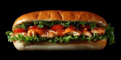 Delicious grilled chicken sandwich loaded with fresh vegetables and sauces on a soft bun photo