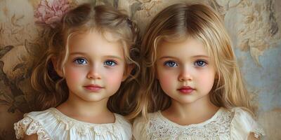 Two young girls with blue eyes wearing white dresses, set against a floral background in a soft, warm light photo