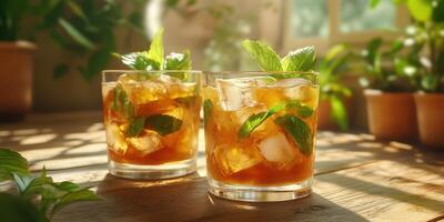 Refreshing mint beverage served in two glasses on a sunny indoor table with green plants in the background photo