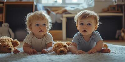 Twins playing on a soft rug with teddy bears in a cozy indoor environment during the afternoon photo