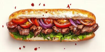 Grilled meat sandwich with fresh vegetables served on a toasted bun photo