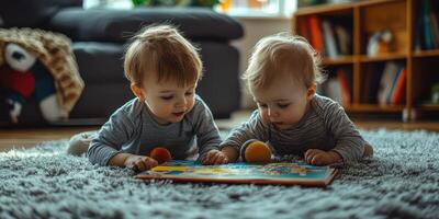 Two toddlers explore a colorful book on a soft rug in a cozy living room during daytime playtime photo
