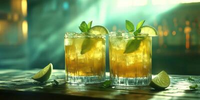 Refreshing cocktails with mint and lime served at a bar during a lively evening photo