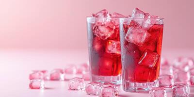 Refreshing red beverages in clear glasses filled with ice cubes on a soft pink background photo