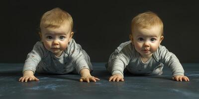 Twin babies crawling on a smooth surface with a dark background during a playful indoor moment photo