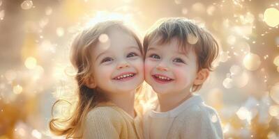 Joyful children share a warm embrace while gleaming lights create a magical atmosphere in the background during a sunny day photo