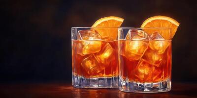 Refreshing iced drinks with orange slices on a wooden table in a cozy setting during evening hours photo