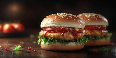 Succulent chicken burgers with lettuce and tomato on a wooden table during evening light photo