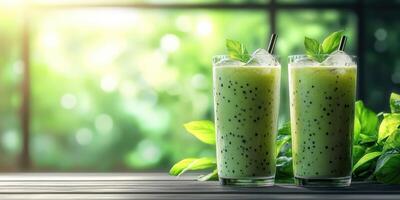 Refreshing green drinks with mint leaves served in glasses next to leafy plants in a bright cafe photo
