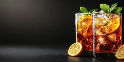 Refreshing iced tea served in clear glasses garnished with mint and orange slices on a dark background photo