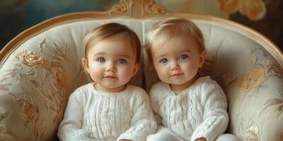 Twins in cozy white sweaters sitting together on an elegant floral couch in a softly lit room photo