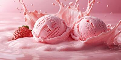 Creamy pink strawberry ice cream splashes delightfully in a pool of milk with a fresh fruit garnish photo