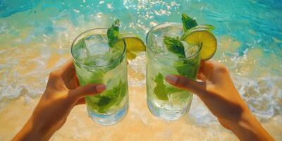 Refreshing cocktails enjoyed on a warm beach with turquoise waters and bright sunshine photo