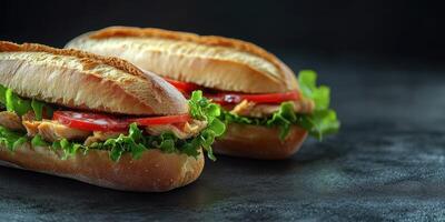 Delicious sandwiches filled with fresh ingredients on a dark surface ready to be enjoyed photo