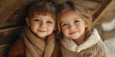 Two children with cozy sweaters smiling warmly indoors during winter photo