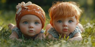 Cute babies with distinct features lying on grass during golden hour in a peaceful outdoor setting photo