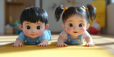 Two toddlers crawling on a yellow mat in a brightly lit indoor play area filled with toys photo