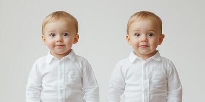 Twin infants dressed in white shirts smiling happily on a neutral background during a playful moment photo