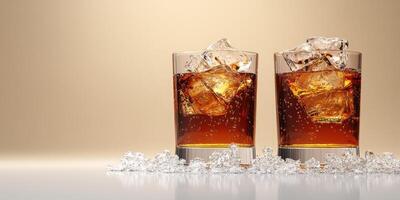 Explore the refreshing appeal of two whiskey glasses overflowing with ice against a warm, golden background photo