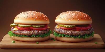 Delicious gourmet burgers with fresh toppings on a wooden board for a mouthwatering meal experience photo