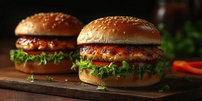 Delicious grilled chicken burgers with fresh lettuce and tomato served on a wooden board in a cozy setting photo