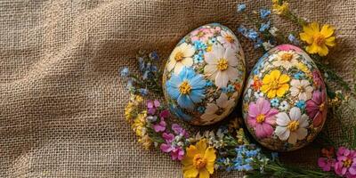 Beautifully decorated Easter eggs surrounded by vibrant flowers on a rustic burlap background in a spring setting photo