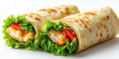Freshly wrapped chicken and vegetable tortillas served on a white background for a quick meal option photo