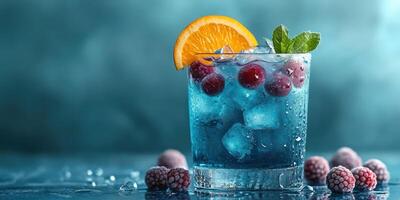 Refreshing blue cocktail garnished with orange slice and mint on a cool surface photo