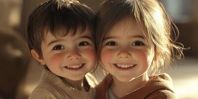 Happy siblings enjoying a moment together indoors with warm light during a cozy afternoon photo
