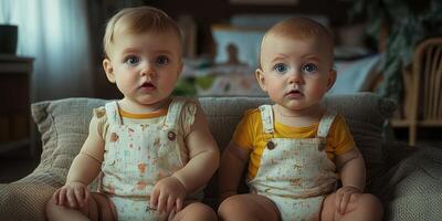 Two adorable babies sitting together in cozy indoor setting during afternoon light photo