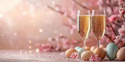 Celebrating spring with sparkling drinks and decorated eggs near blooming cherry blossoms photo