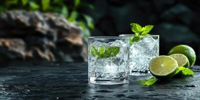 Refreshing cocktails with fresh mint and lime on a dark stone surface during a summer evening gathering photo