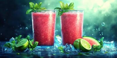 Refreshing watermelon and lime smoothies served in glasses with mint leaves, ice, and lime slices on a dark background photo