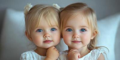 Beautiful twin girls with blue eyes playfully posing together in bright room photo