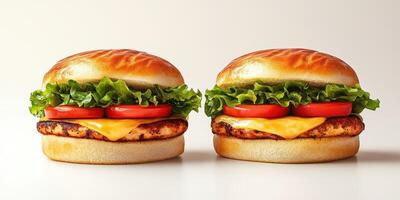 Deliciously crafted chicken sandwiches topped with fresh lettuce and tomatoes ready to enjoy photo