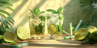 Refreshing summer cocktails with lime and mint displayed on a wooden table in a bright, tropical setting photo