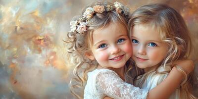 Two young girls embrace, smiling happily against a soft, artistic background during a sunny afternoon photo