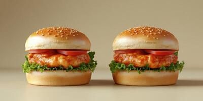 Delicious crispy chicken burgers with fresh lettuce and tomato on a neutral background photo