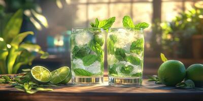 Refreshing mint mojitos served in clear glasses with fresh limes and mint leaves in a bright interior photo